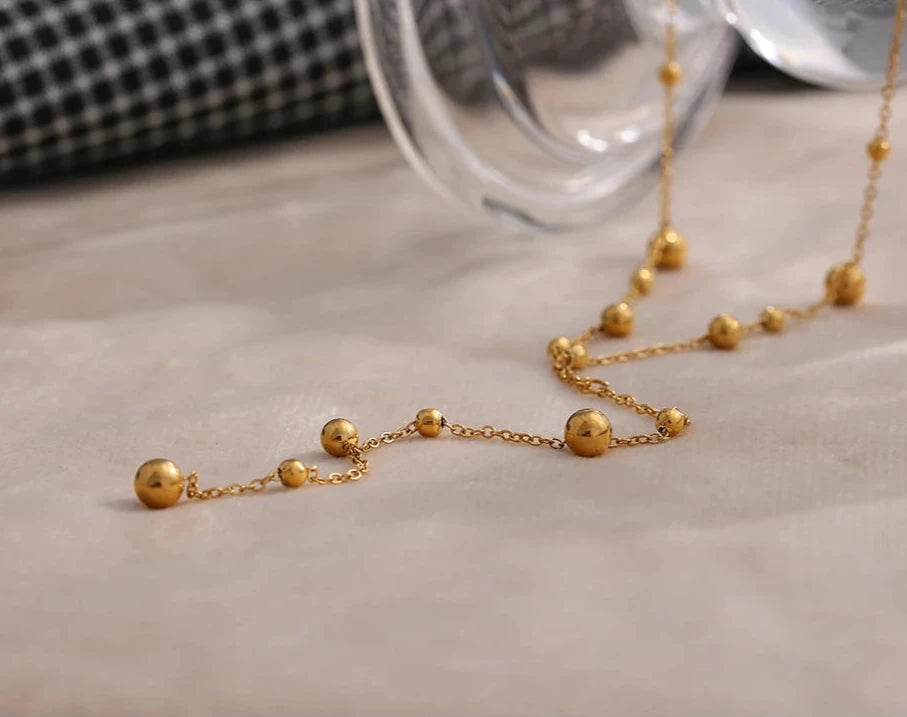 18K Gold Plated Stainless Steel Long Chain Ball-Shaped Necklace