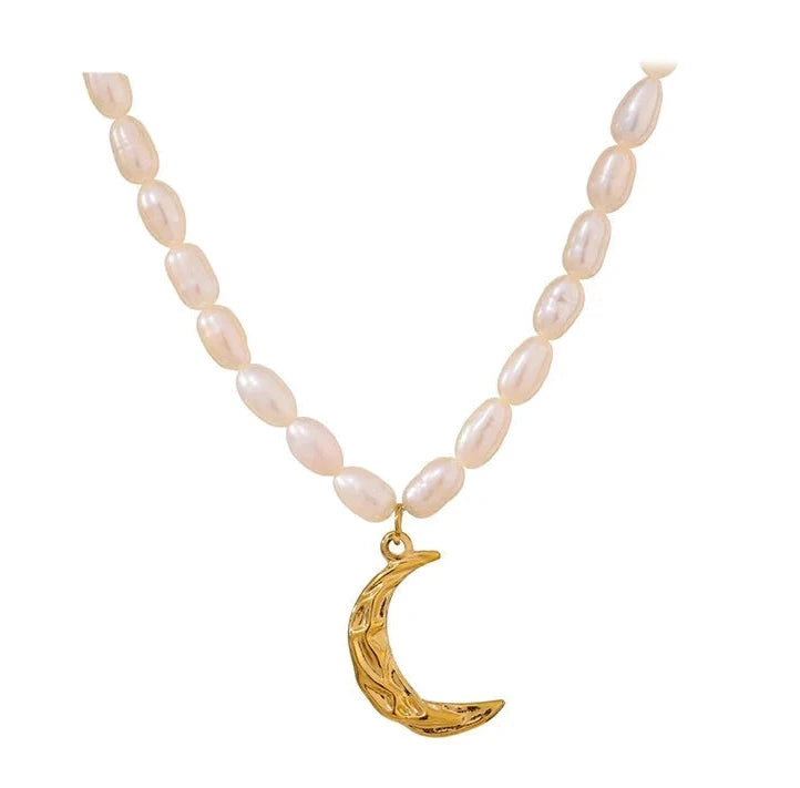 18K Gold Plated Stainless Steel Natural Pearl Crescent Moon Necklace