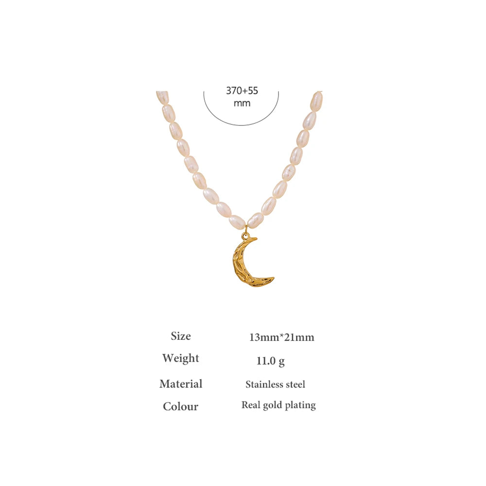 18K Gold Plated Stainless Steel Natural Pearl Crescent Moon Necklace