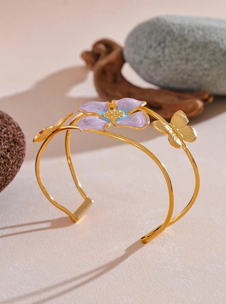 18K PVD Gold Plated Stainless Steel Purple Flower Butterfly Bracelet