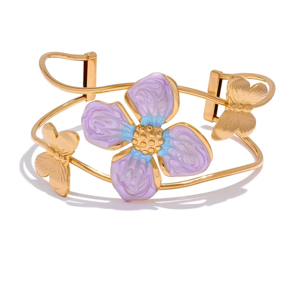 18K PVD Gold Plated Stainless Steel Purple Flower Butterfly Bracelet