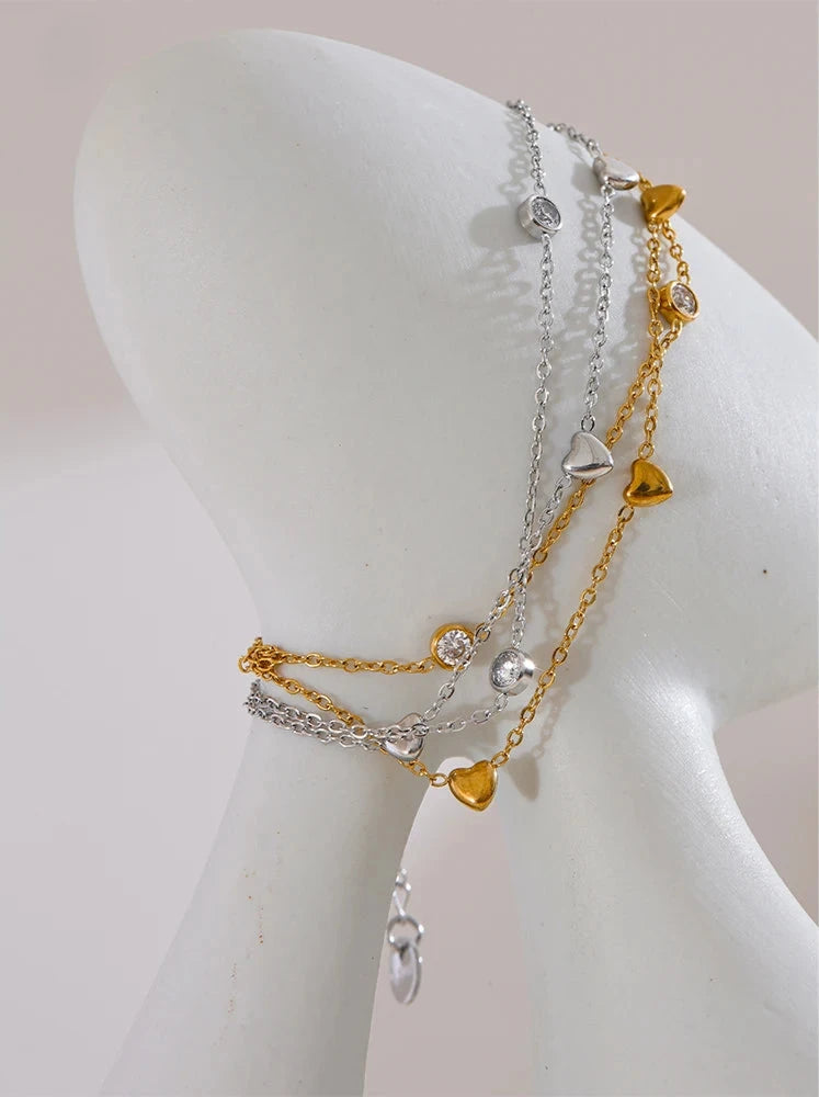 18K PVD Gold Plated Stainless Steel Chain Heart Zircon Bracelet