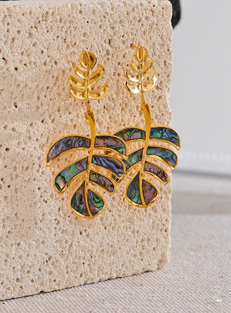 18k PVD Gold Plated Stainless Steel Big Leaves Drop Earrings For Women