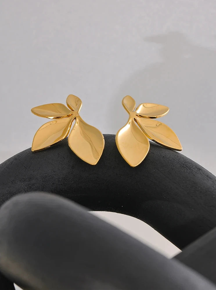 18K PVD Gold Plated Stainless Steel Leaves Flower Earrings For Women