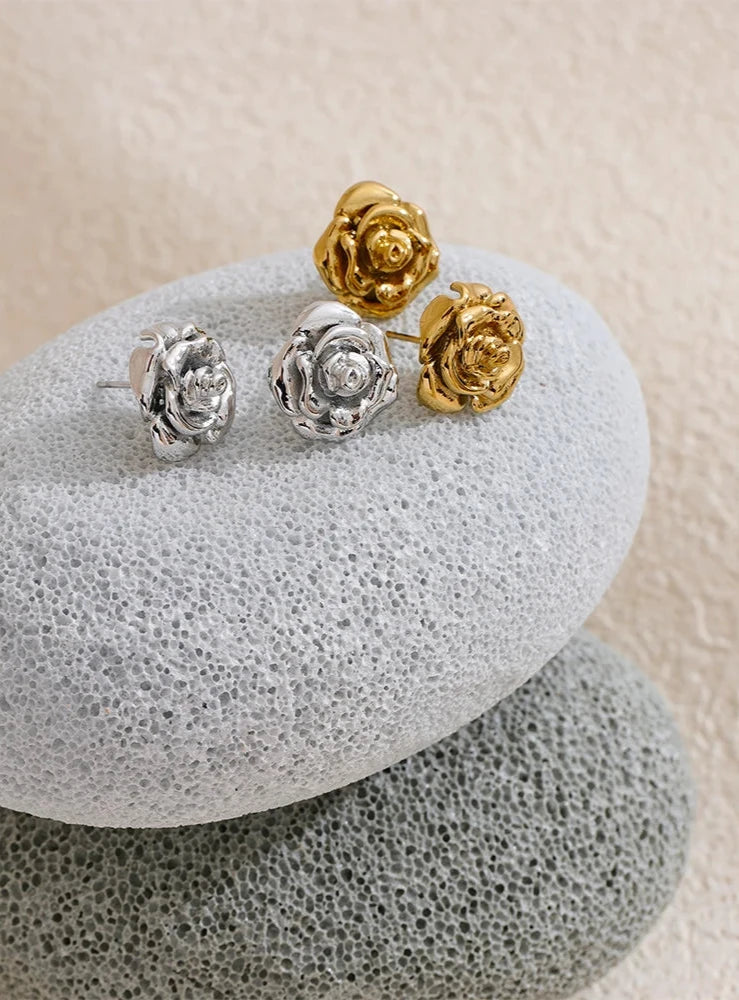 18K PVD Gold Plated Stainless Steel Rose Flower Earrings For Women