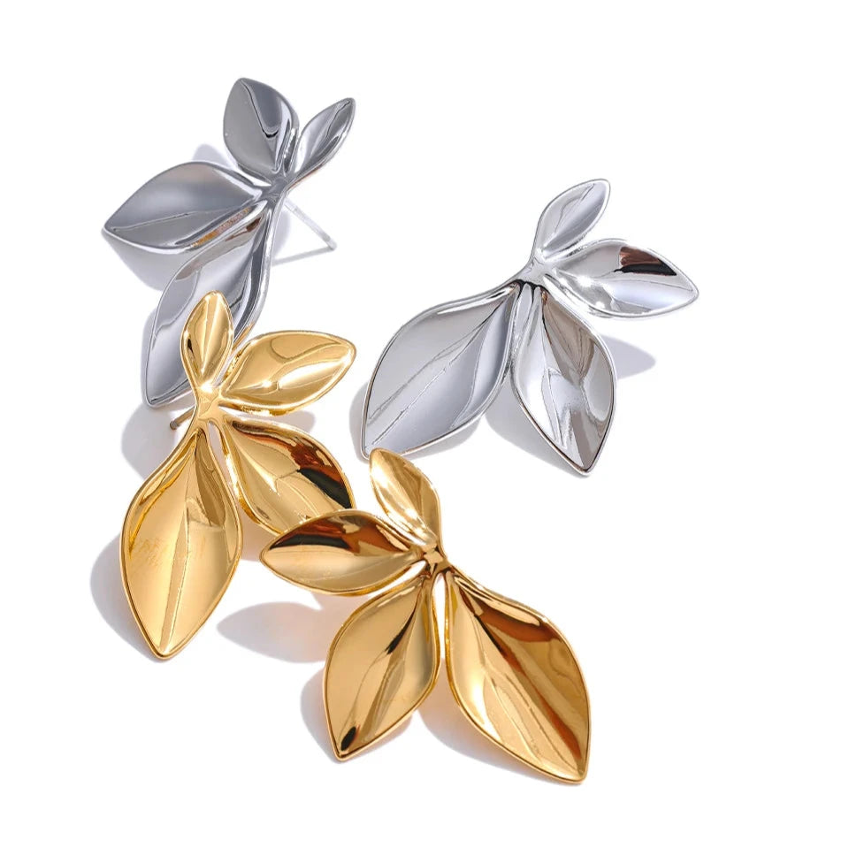 18K PVD Gold Plated Stainless Steel Leaves Flower Earrings For Women