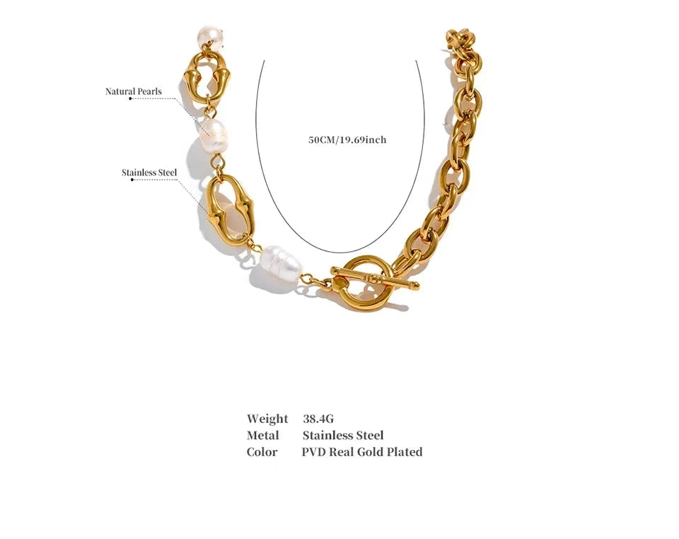 18K PVD Gold Plated Stainless Steel Natural Freshwater Pearls Necklace & Bracelet Set