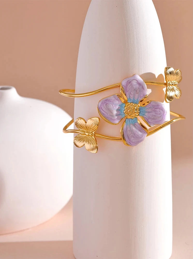 18K PVD Gold Plated Stainless Steel Purple Flower Butterfly Bracelet