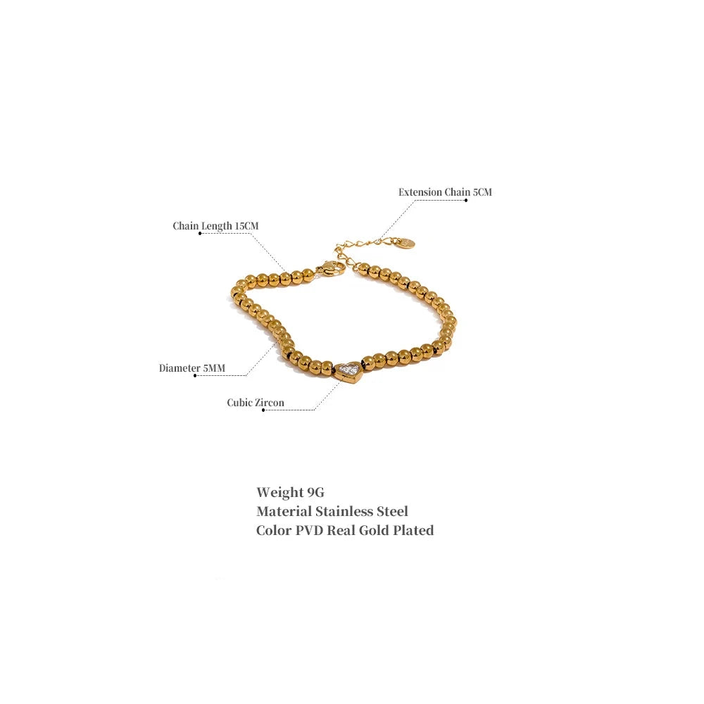 18K PVD Gold Plated Stainless Steel Beads Chain Heart Zircon Bracelet