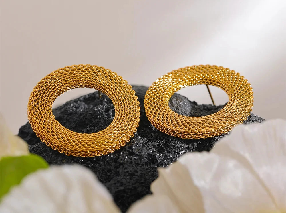 18K PVD Gold Plated Stainless Steel Round Hollow Earrings