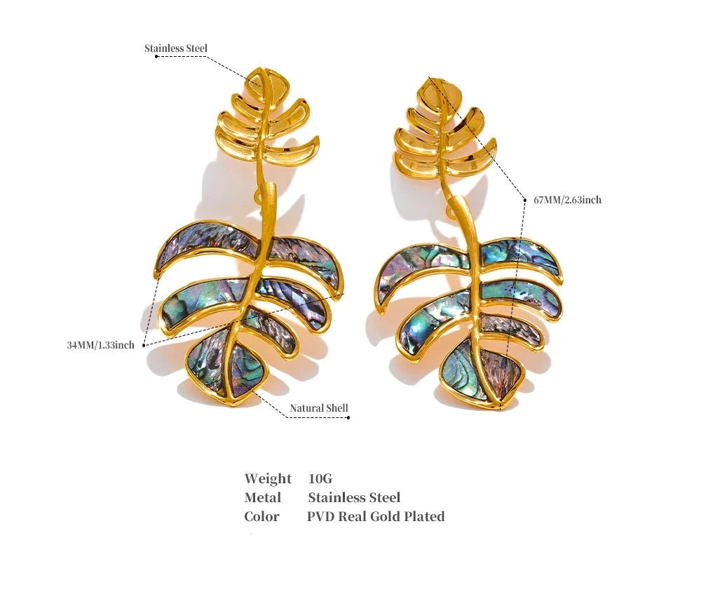 18k PVD Gold Plated Stainless Steel Big Leaves Drop Earrings For Women