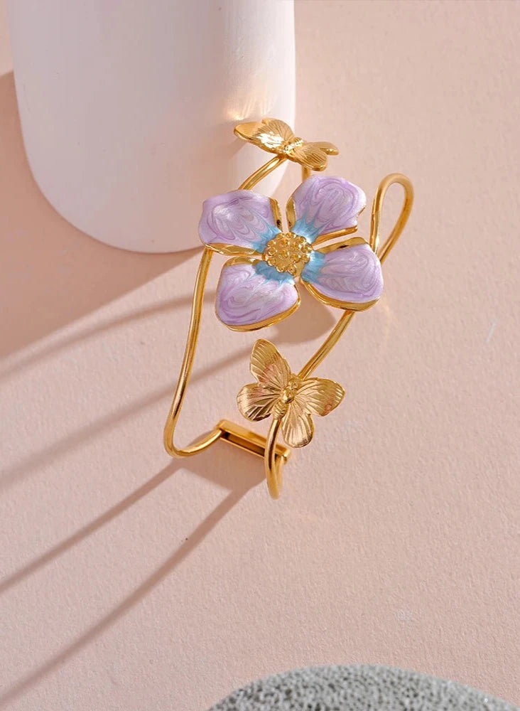 18K PVD Gold Plated Stainless Steel Purple Flower Butterfly Bracelet