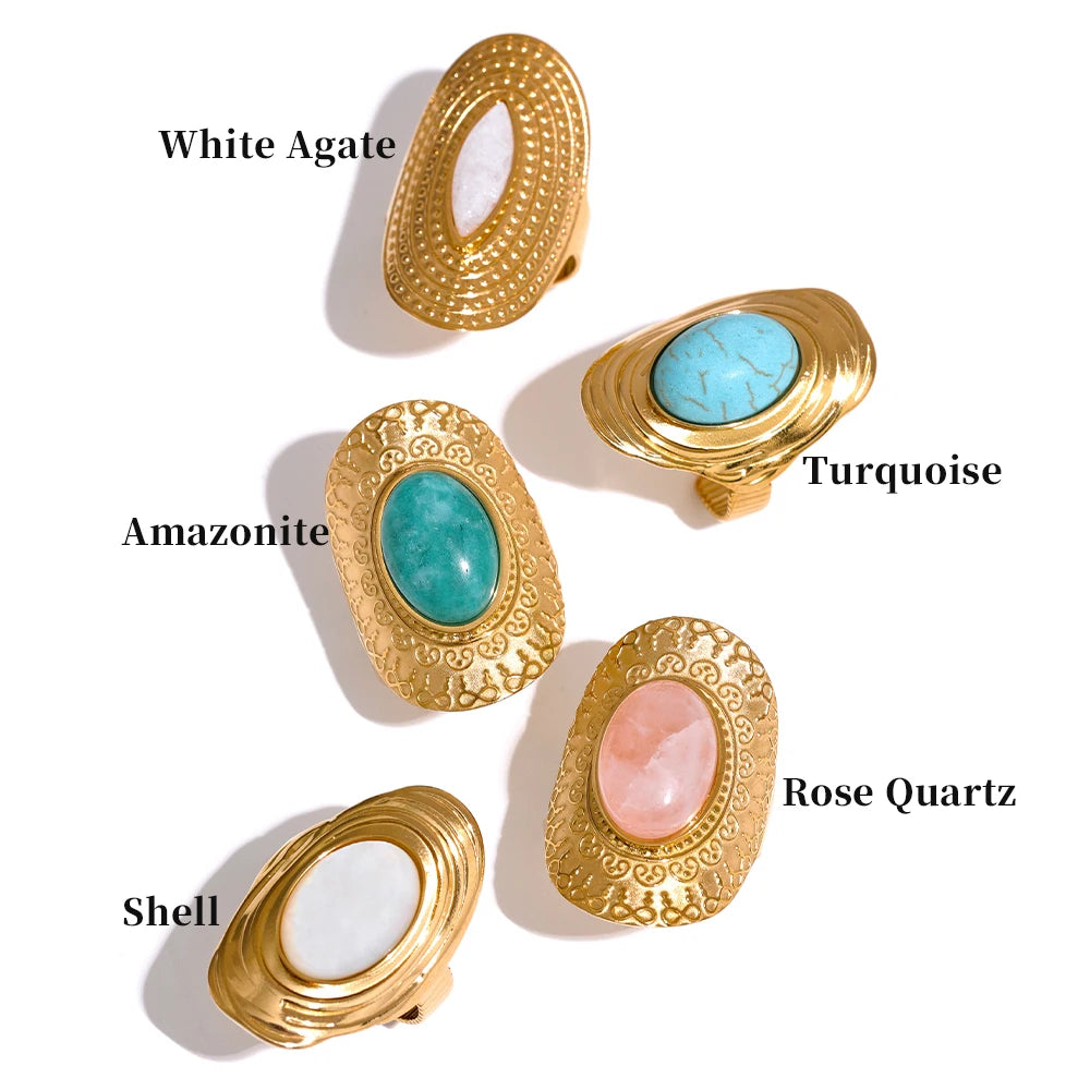 18K Gold Plated Stainless Steel Natural Stone Hyperbolic Ring