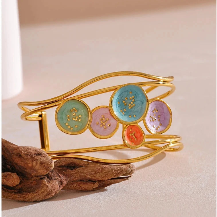 18K PVD Gold Plated Stainless Steel Colorful Enamel Open Bracelet