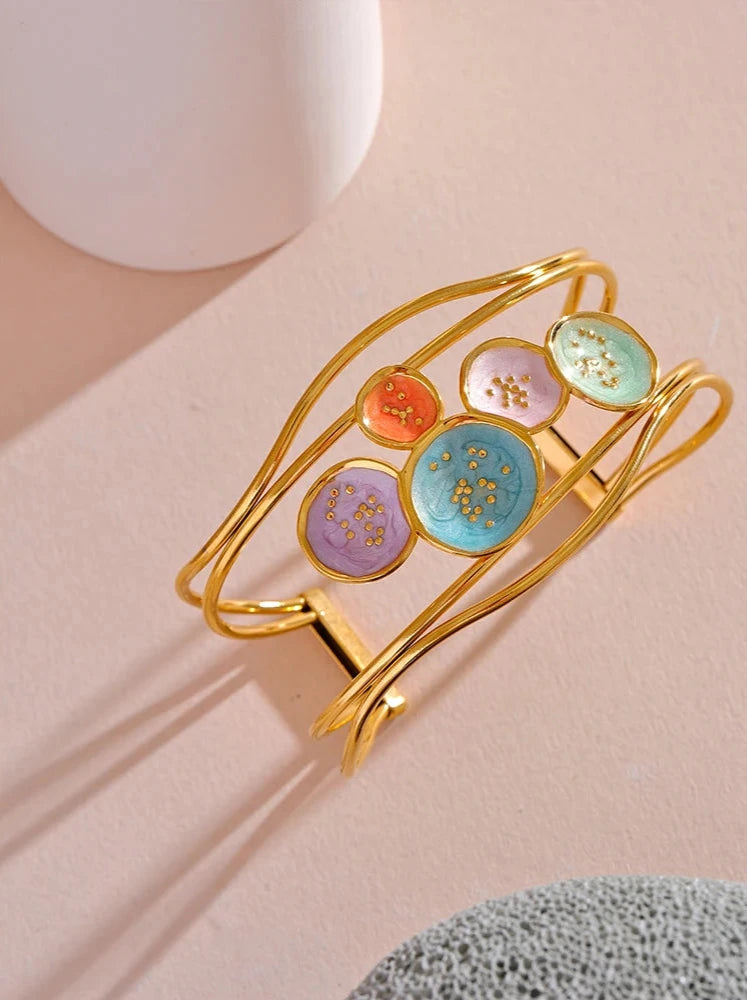 18K PVD Gold Plated Stainless Steel Colorful Enamel Open Bracelet