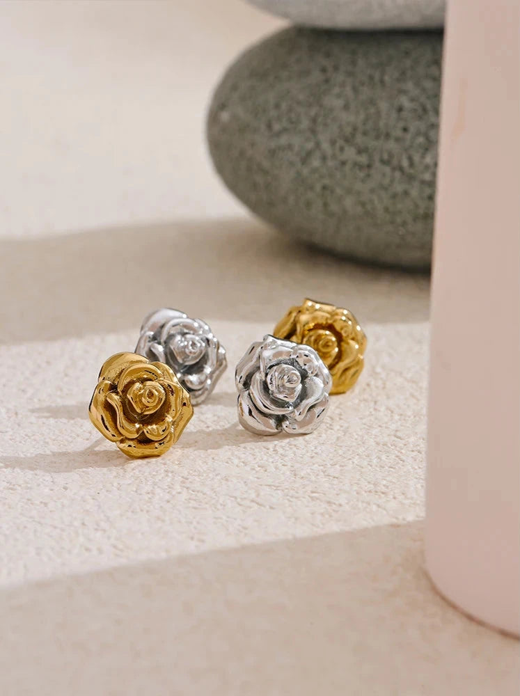 18K PVD Gold Plated Stainless Steel Rose Flower Earrings For Women