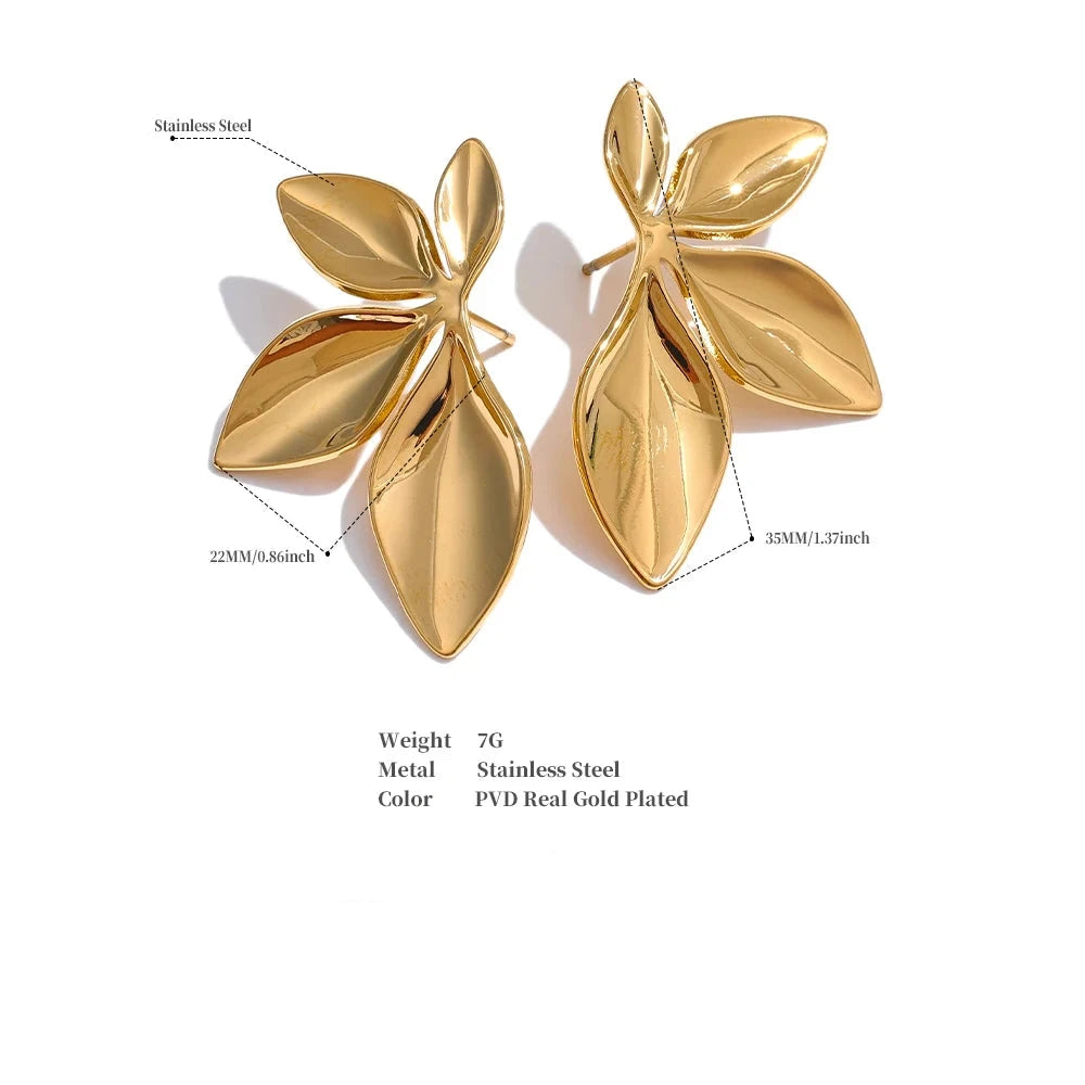 18K PVD Gold Plated Stainless Steel Leaves Flower Earrings For Women