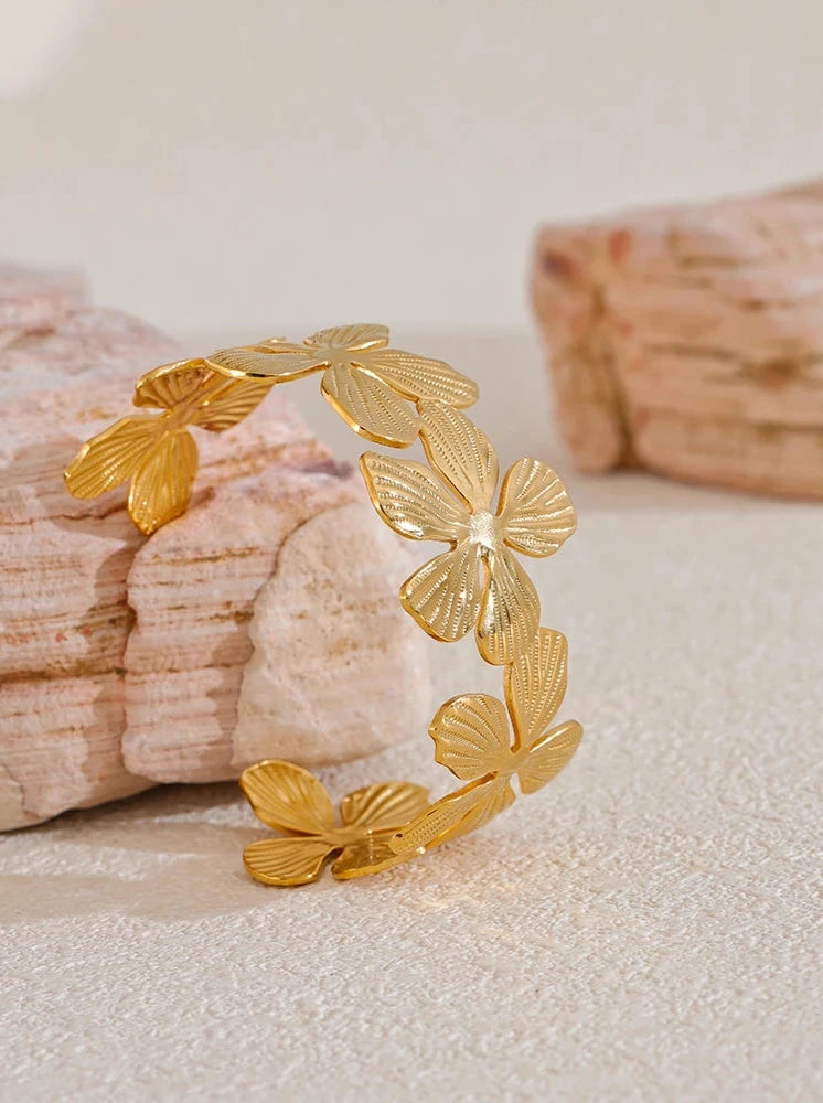 18K PVD Gold Plated Stainless Steel Flower Cuff Open Bracelet