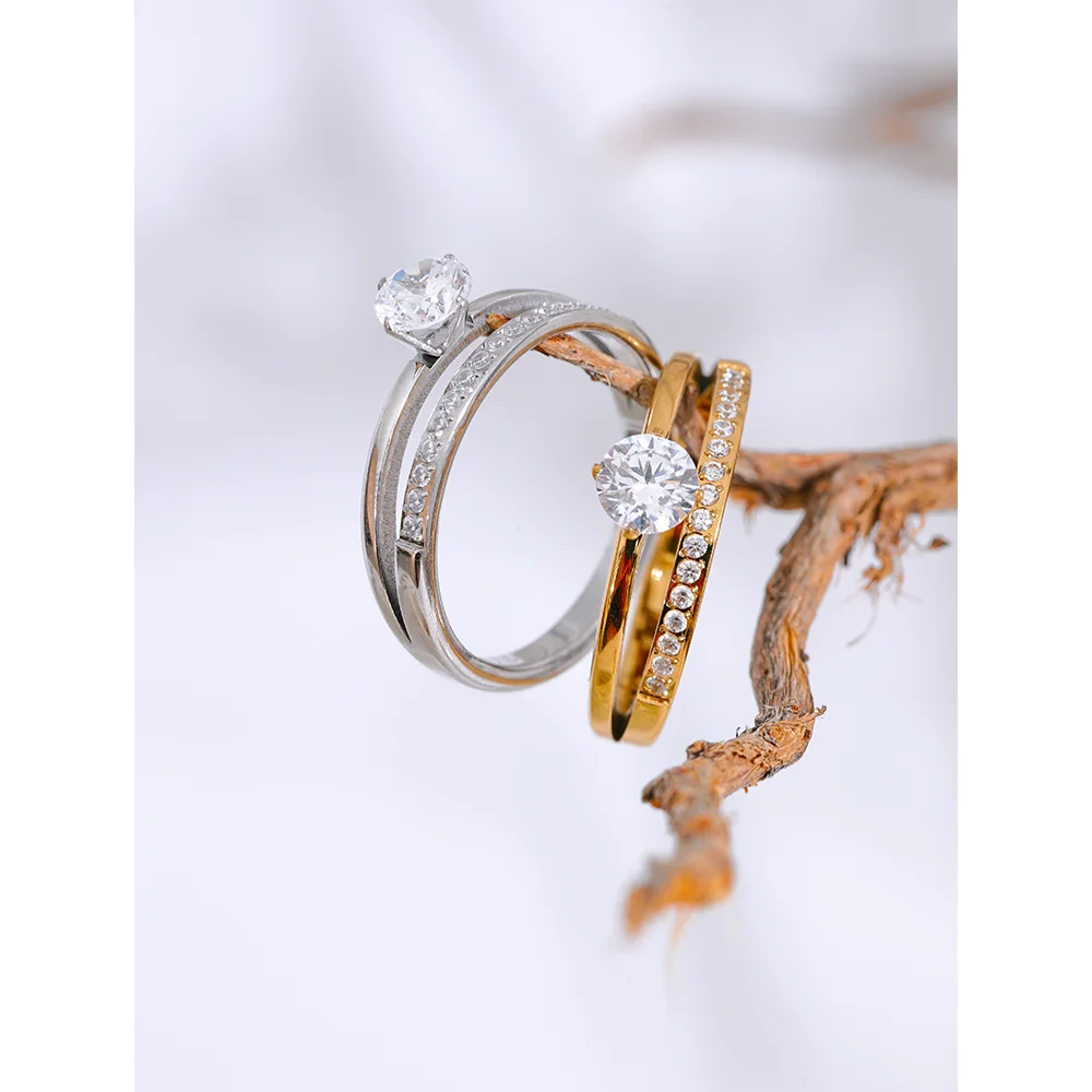 18K Gold Plated Cubic Zirconia Double Layer Stainless Steel Ring