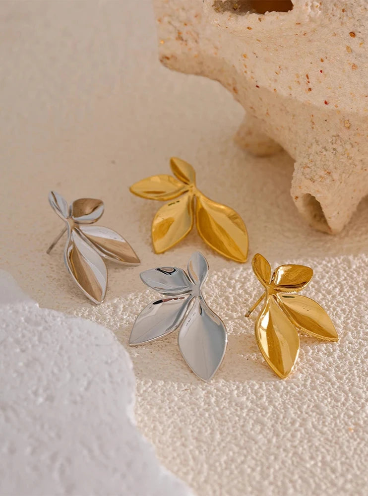 18K PVD Gold Plated Stainless Steel Leaves Flower Earrings For Women