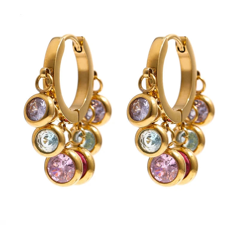 18K PVD Gold Plated Stainless Steel Colorful Cubic Zirconia Hoop Earrings For Women