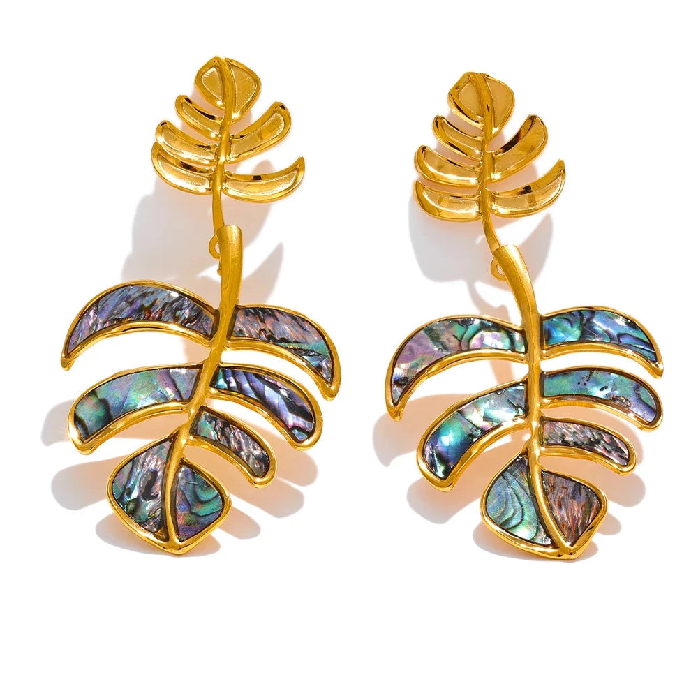 18k PVD Gold Plated Stainless Steel Big Leaves Drop Earrings For Women