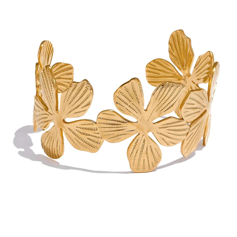 18K PVD Gold Plated Stainless Steel Flower Cuff Open Bracelet