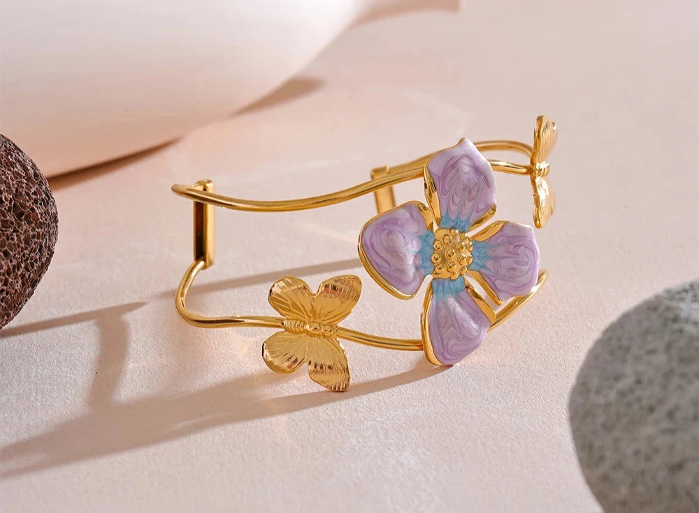 18K PVD Gold Plated Stainless Steel Purple Flower Butterfly Bracelet