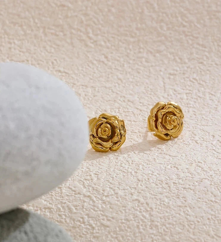 18K PVD Gold Plated Stainless Steel Rose Flower Earrings For Women