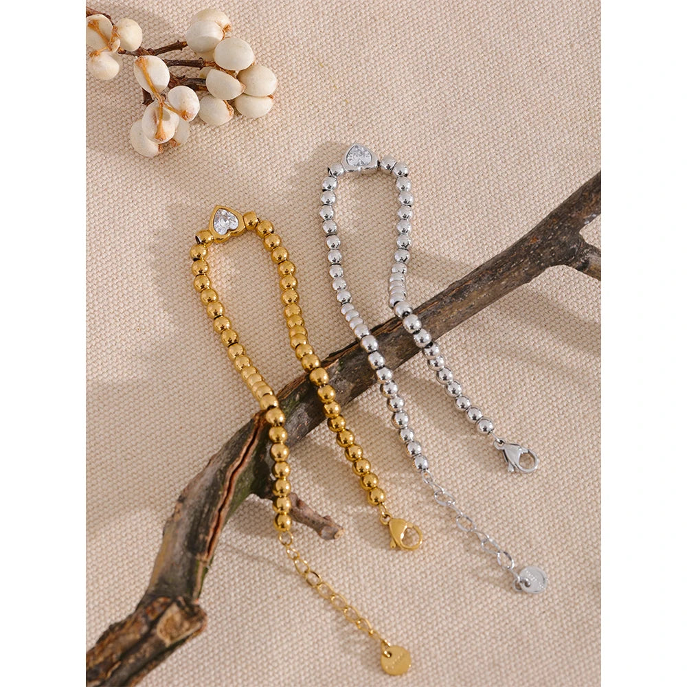 18K PVD Gold Plated Stainless Steel Beads Chain Heart Zircon Bracelet