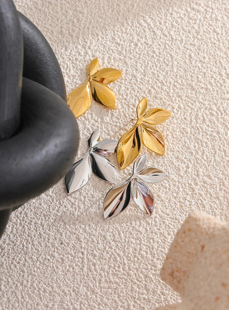 18K PVD Gold Plated Stainless Steel Leaves Flower Earrings For Women