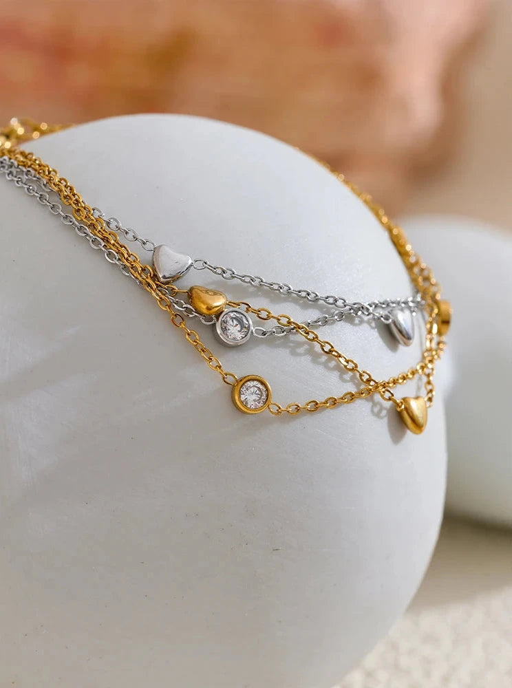 18K PVD Gold Plated Stainless Steel Chain Heart Zircon Bracelet