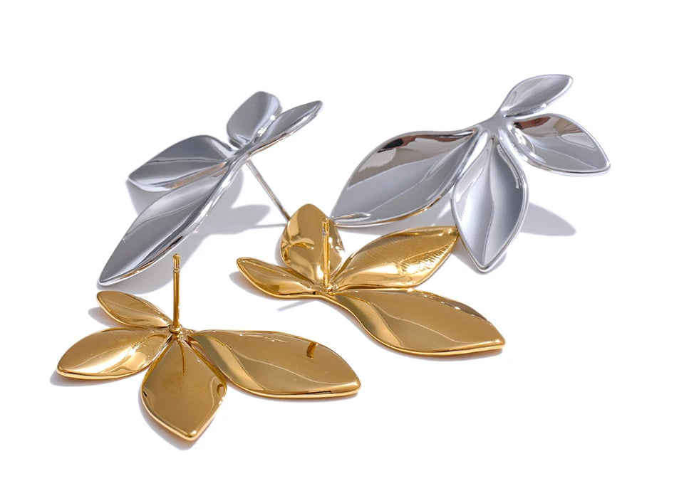 18K PVD Gold Plated Stainless Steel Leaves Flower Earrings For Women