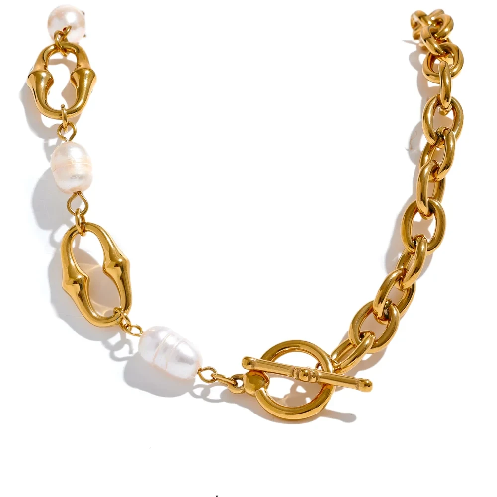 18K PVD Gold Plated Stainless Steel Natural Freshwater Pearls Necklace & Bracelet Set